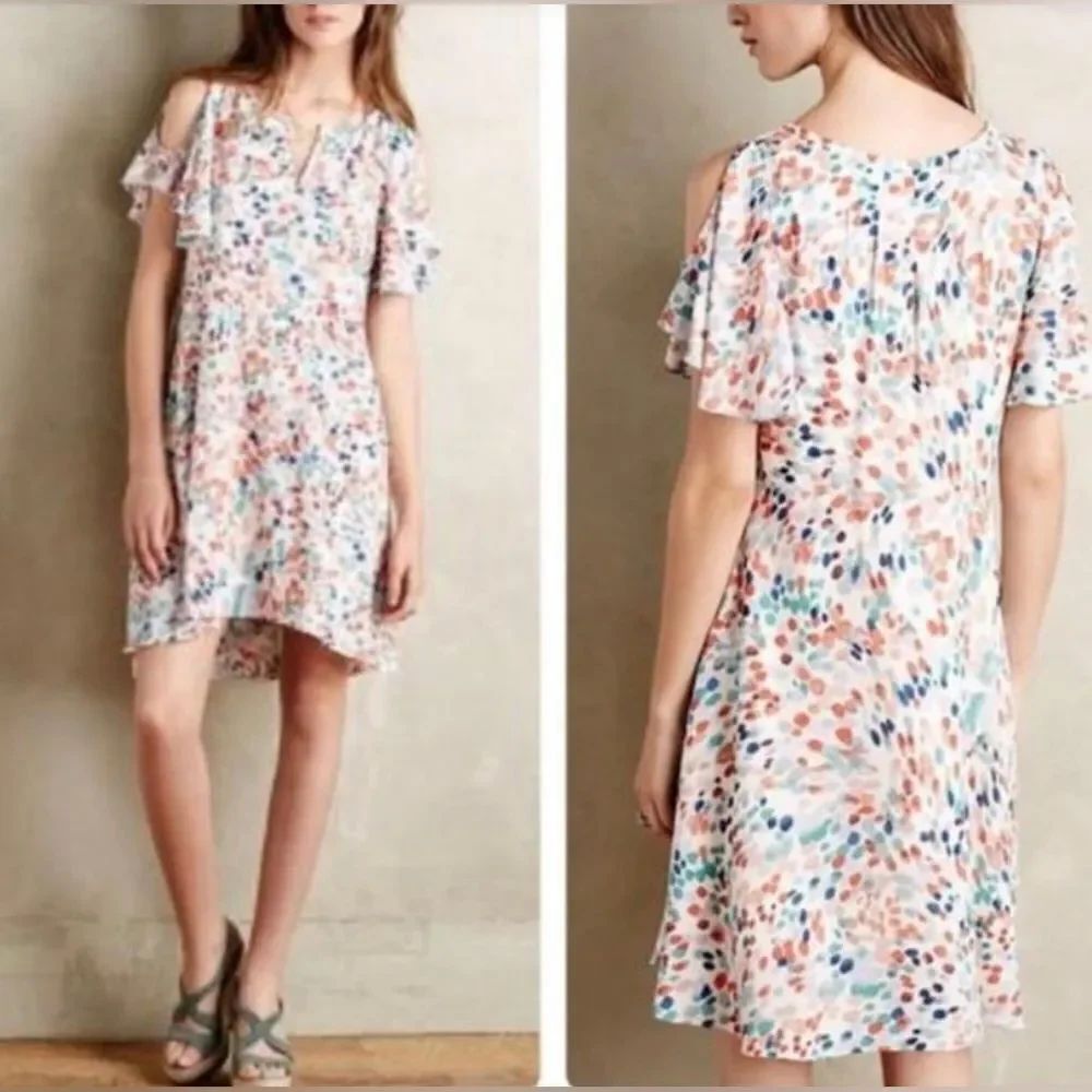 Anthropologie Maeve Colorful Watercolor Spot Cold Shoulder Flutter Sleeve Dress